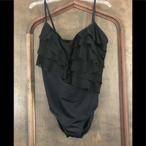 Great Lengths Black Ruffle One Piece Swimsuit